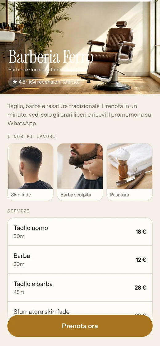 La pagina dove il cliente prenota dal telefono