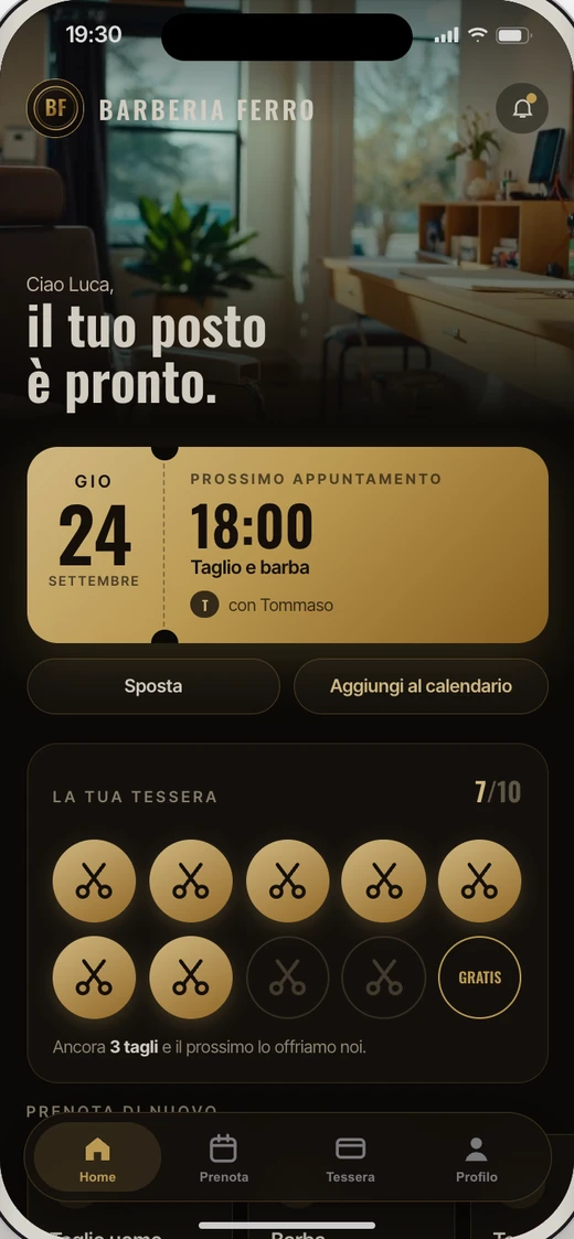 L'app: la home con il prossimo appuntamento e la tessera