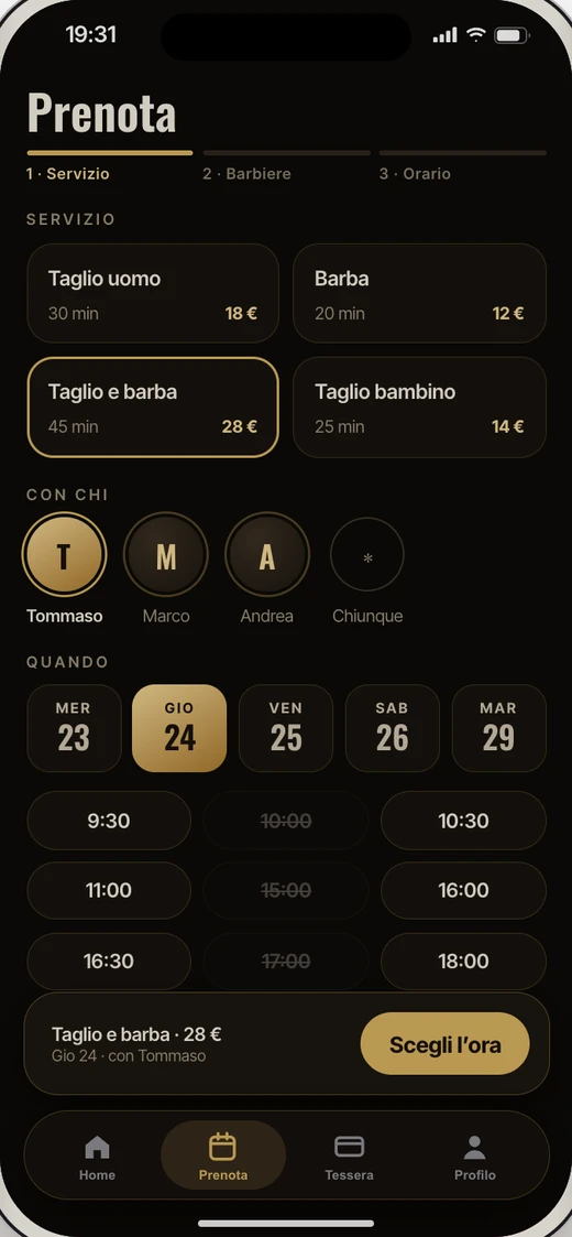 L'app: la prenotazione con i servizi e gli orari liberi