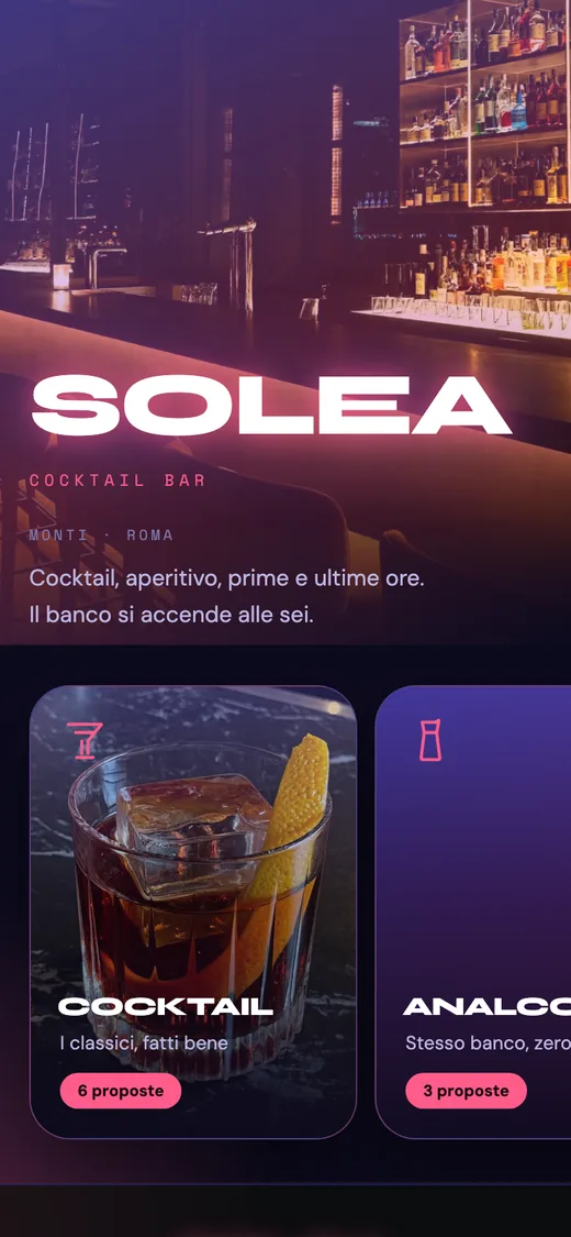 Menù digitale di un cocktail bar di prova
