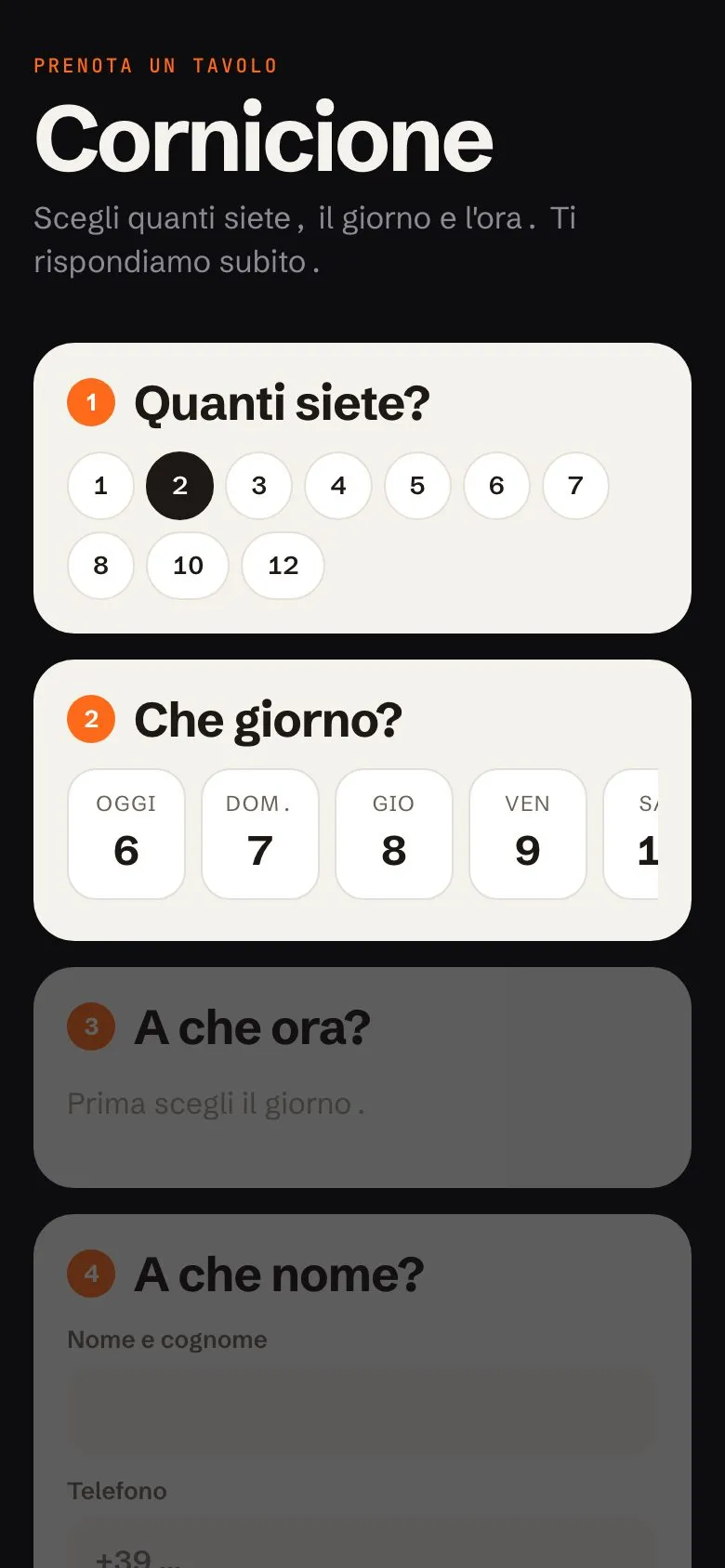 La pagina dove il cliente prenota dal telefono